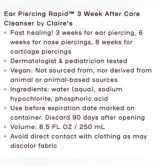 Claire's Pierced Rapid Aftercare Cleanser for Piercing Aftercare - 250 mL - Picture 6 of 6